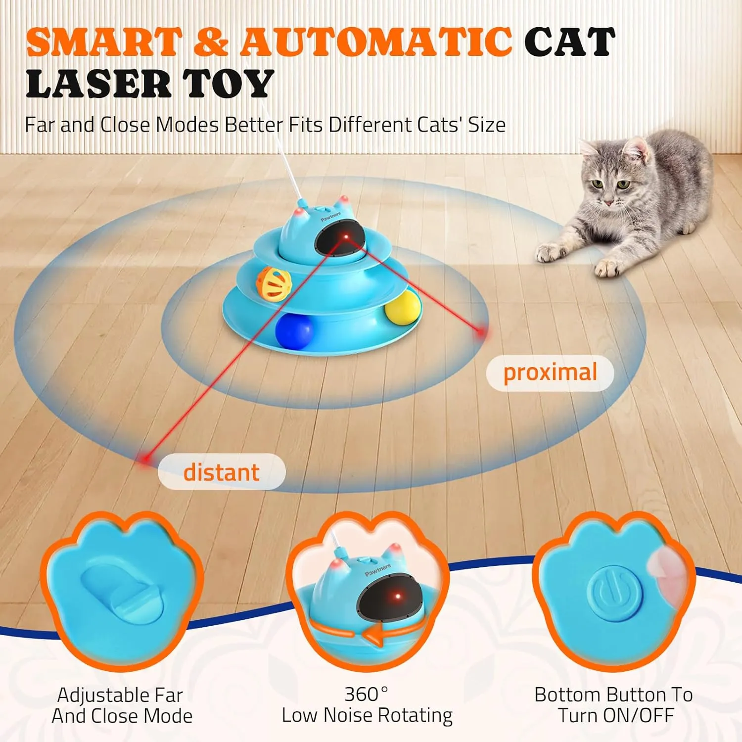 Interactive Cat Toy: 5 in 1 Automatic Cat Toy for Indoor Cats, Rechargeable Hide and Seek Toy with PVC Cover, Battery Operated Kitten Laser Toy with Feather Accessories Pack, Blue
