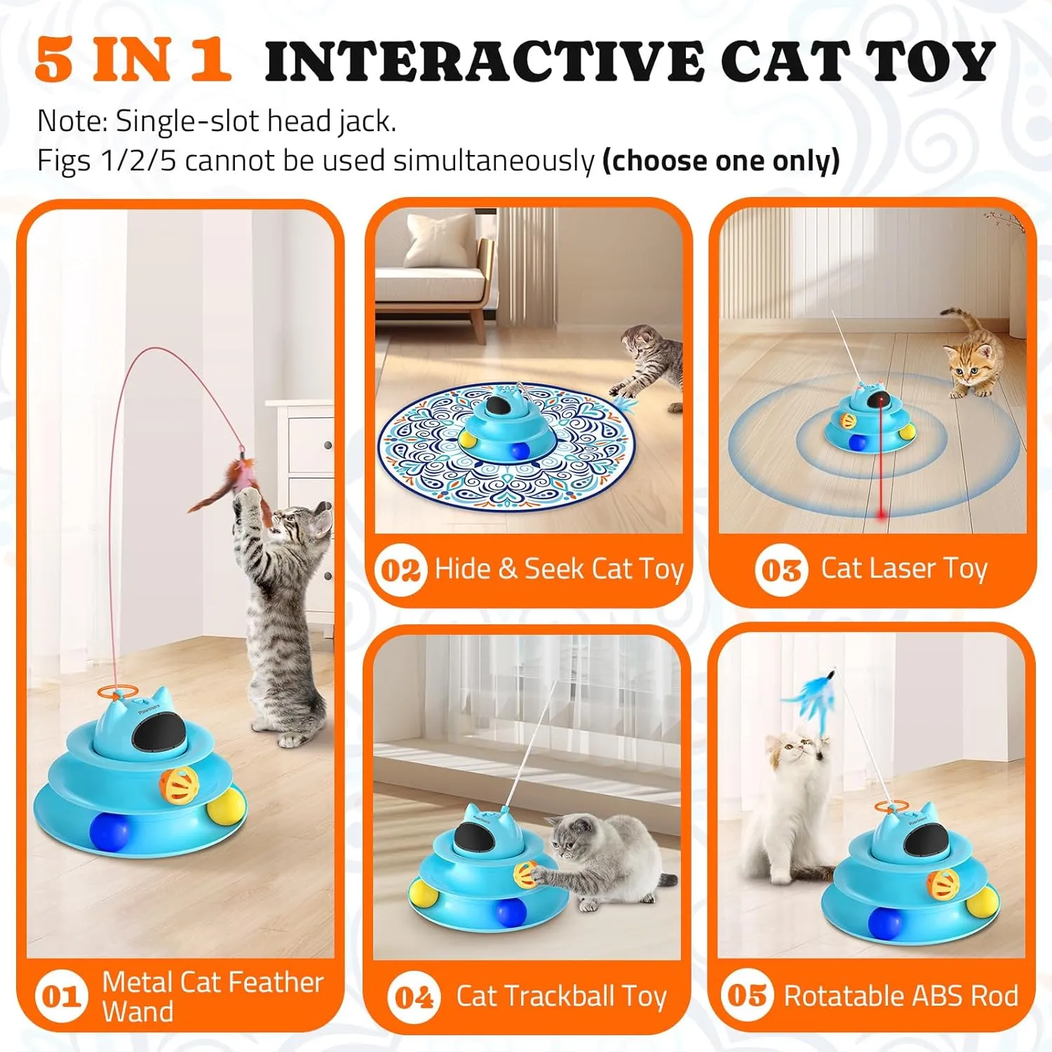 Interactive Cat Toy: 5 in 1 Automatic Cat Toy for Indoor Cats, Rechargeable Hide and Seek Toy with PVC Cover, Battery Operated Kitten Laser Toy with Feather Accessories Pack, Blue