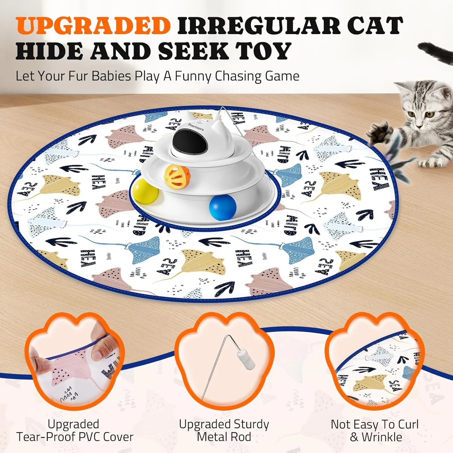 Interactive Cat Toy: 5 in 1 Automatic Cat Toy for Indoor Cats, Rechargeable Hide and Seek Toy with PVC Cover, Battery Operated Kitten Laser Toy with Standard Feather Accessories Pack