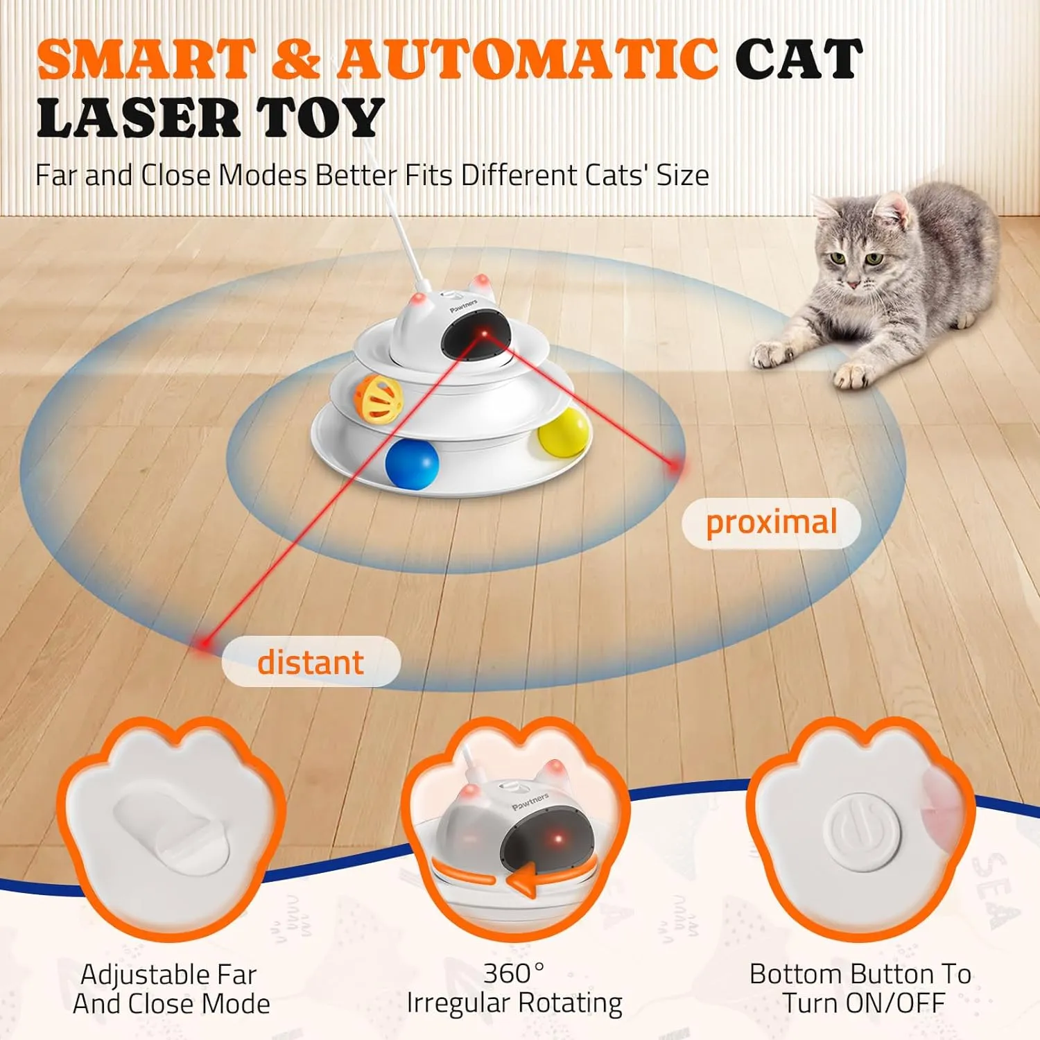 Interactive Cat Toy: 5 in 1 Automatic Cat Toy for Indoor Cats, Rechargeable Hide and Seek Toy with PVC Cover, Battery Operated Kitten Laser Toy with Standard Feather Accessories Pack