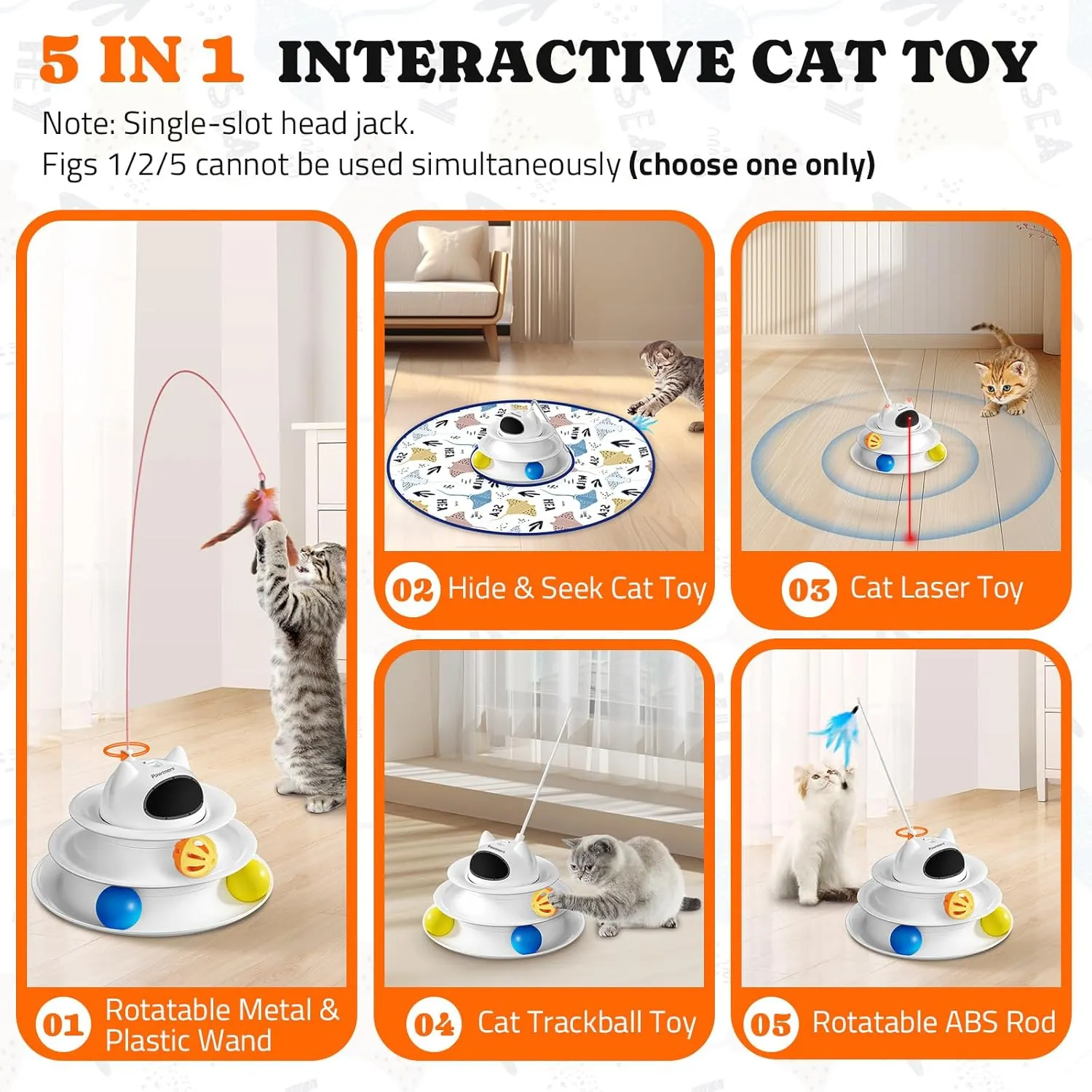 Interactive Cat Toy: 5 in 1 Automatic Cat Toy for Indoor Cats, Rechargeable Hide and Seek Toy with PVC Cover, Battery Operated Kitten Laser Toy with Standard Feather Accessories Pack