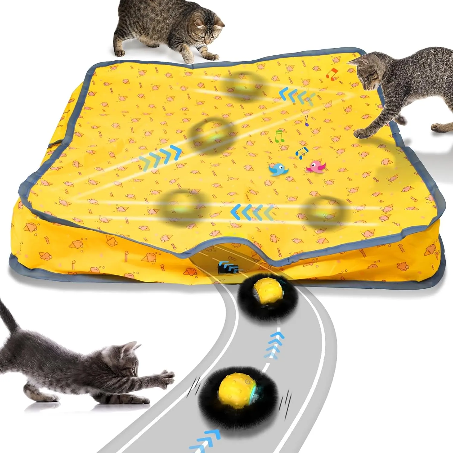 Interactive Cat Toys for Indoor Cats,Self Rolling Cat Ball in Play Mat,Automatic Motion Activated Moving Toy Hide and Seek Chase Game for Bored Cats,Real Chirp Birds,Rechargeable
