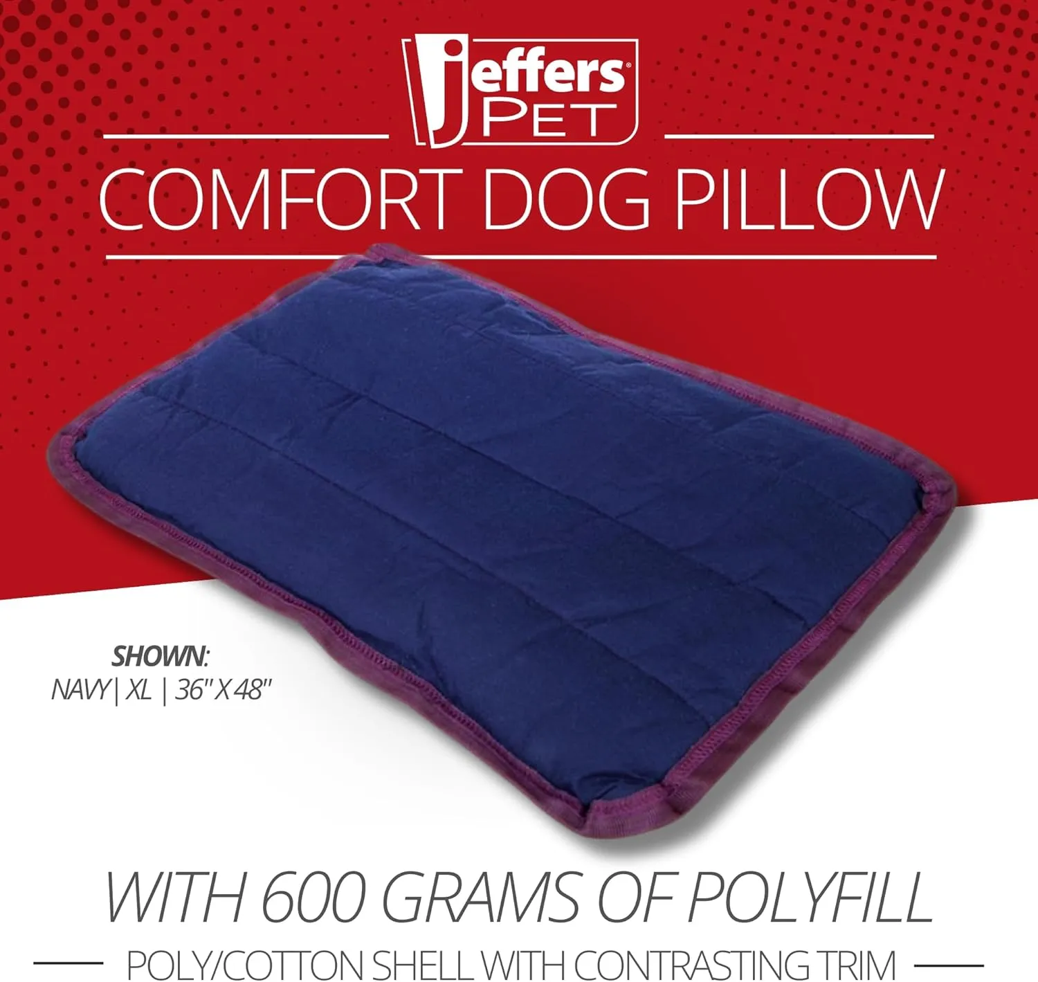 Jeffers Pet Comfort Dog Pillow, XL 36" x 48", Navy Blue  Machine Washable Dog Bed for House, Sofa, Crate & Travel  Poly Cotton Shell, Winter Warmth, Soft, Comfy, Durable, Top Pet Bedding
