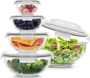 JoyJolt Kitchen Mixing Bowls. 5pc Glass Bowls with Lids Set  Neat Nesting Bowls. Large Mixing Bowl Set incl Batter Bowl, Cooking Bowls, Storage Bowls with Lids and Big Salad Bowl with BPA-Free Lids