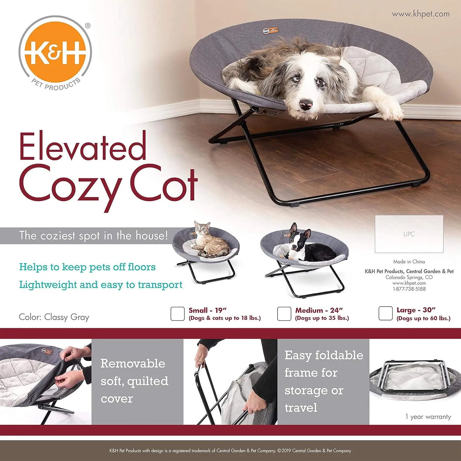 K&H Pet Products Elevated Cozy Cot Classy Gray Large 30 Inches