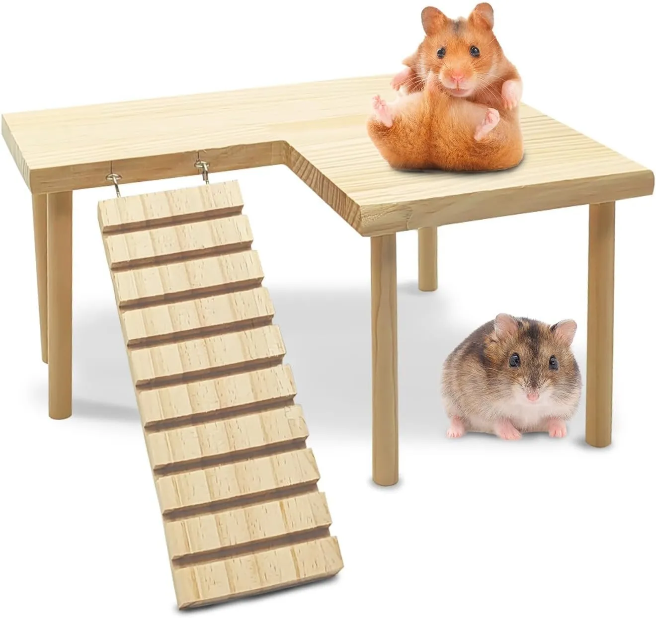 kathson Hamster Wooden Platform with Ladder Natural Small Animal Standing Platform Guinea Pig Cage Landscaping for Small Animals Syrian Rat Golden Bear Chinchilla