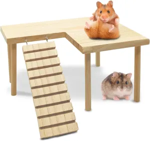 kathson Hamster Wooden Platform with Ladder Natural Small Animal Standing Platform Guinea Pig Cage Landscaping for Small Animals Syrian Rat Golden Bear Chinchilla