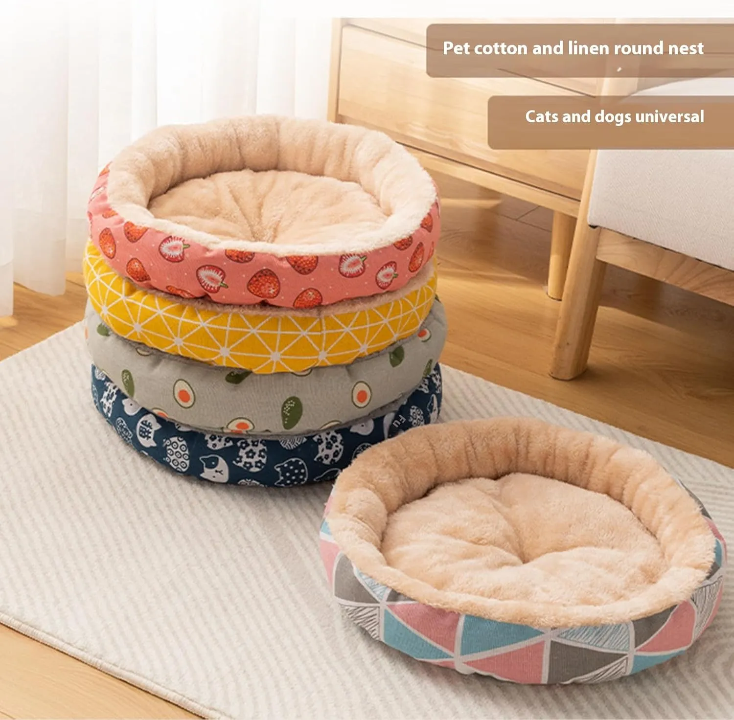 Kitten Bed PP Cotton Pet Round Lamb Velvet Bed Keep Warm Comfortable ,Round Donut Cat and Dog Plush Cushion Bed Washable Small Pet Bed,Self-Warming Anti Anxiety Round Fluffy Plush Cat Beds.,M,Blue