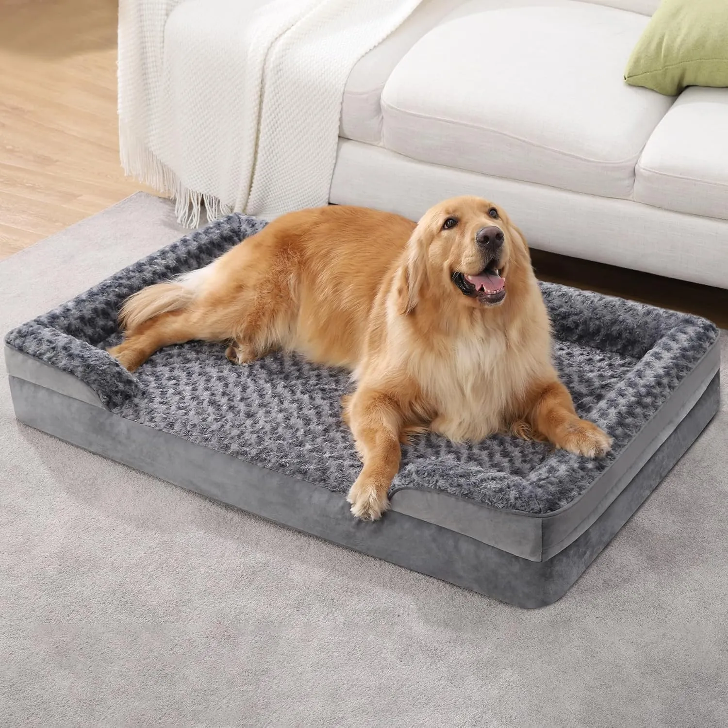 KSIIA Orthopedic Dog Bed - Large XL Dog Couch, Waterproof & Washable, Egg Foam with Removable Bolster & Non-Skid Bottom - 44x32x7 Inch, Grey