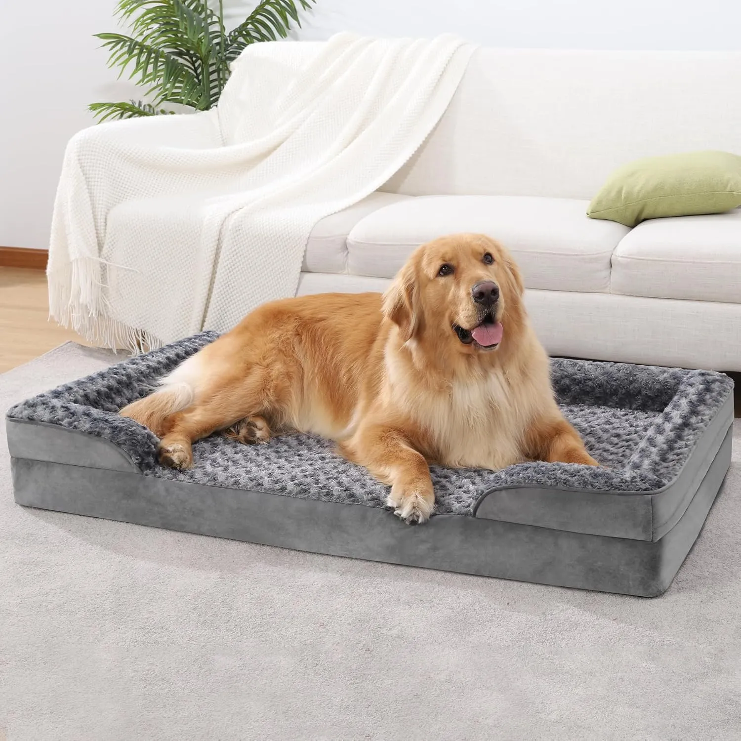 KSIIA Orthopedic Dog Bed - Large XL Dog Couch, Waterproof & Washable, Egg Foam with Removable Bolster & Non-Skid Bottom - 44x32x7 Inch, Grey