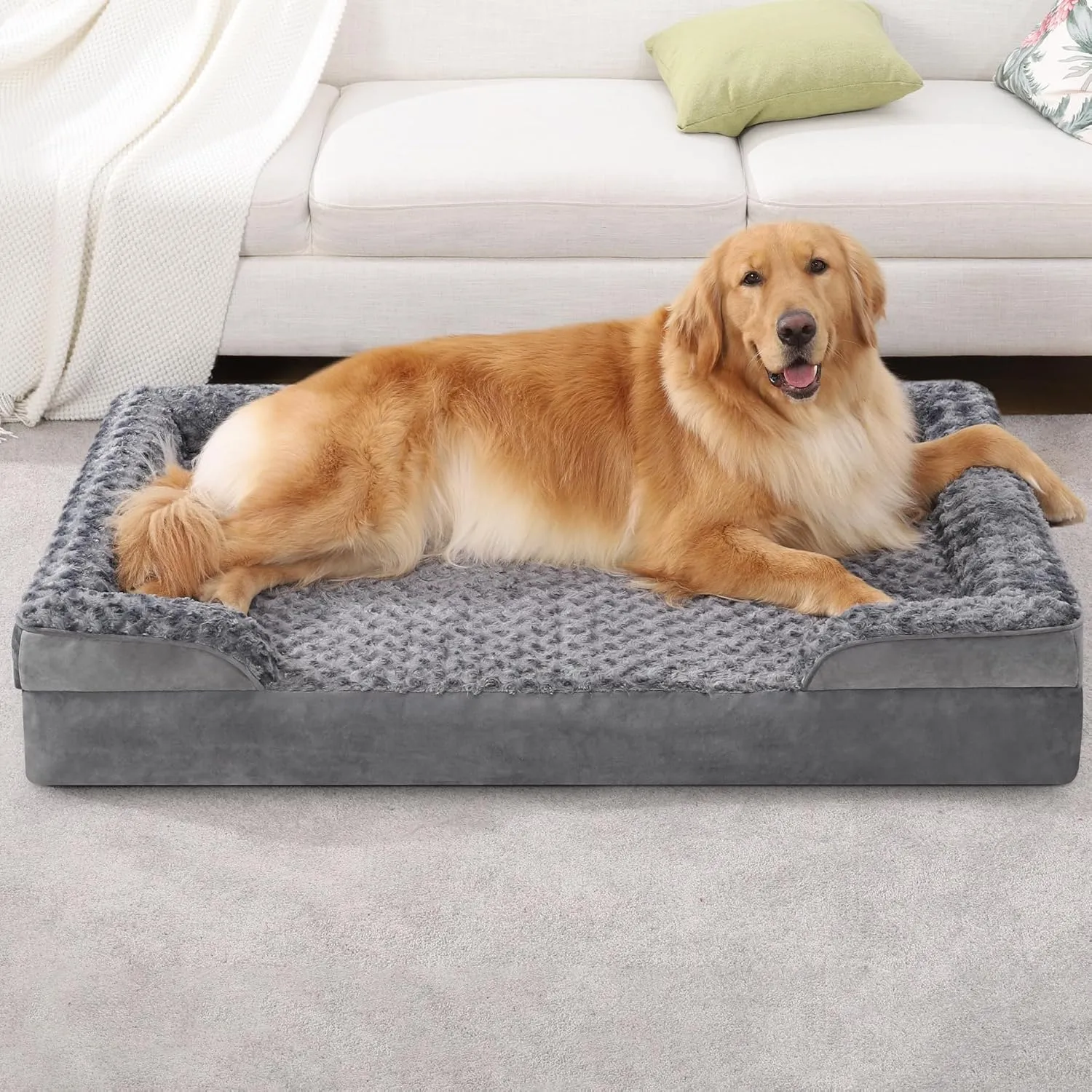 KSIIA Orthopedic Dog Bed - Large XL Dog Couch, Waterproof & Washable, Egg Foam with Removable Bolster & Non-Skid Bottom - 44x32x7 Inch, Grey