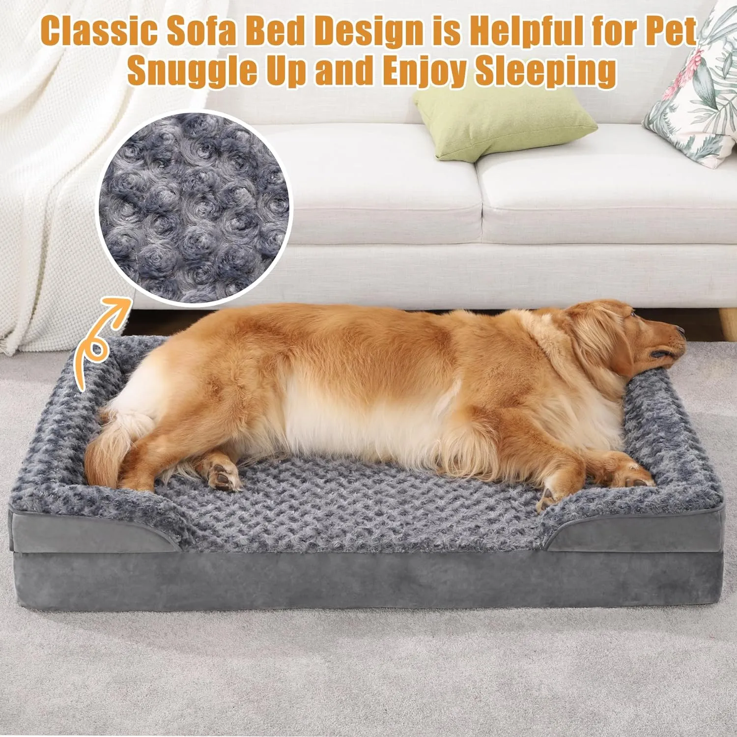 KSIIA Orthopedic Dog Bed - Large XL Dog Couch, Waterproof & Washable, Egg Foam with Removable Bolster & Non-Skid Bottom - 44x32x7 Inch, Grey