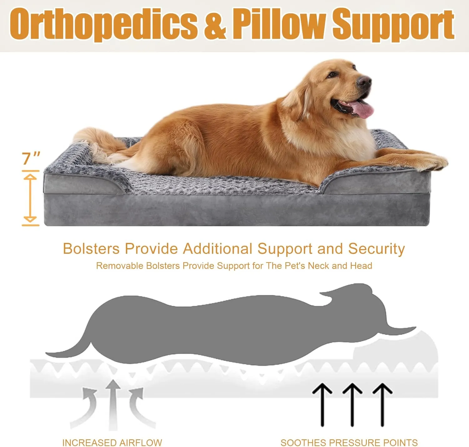 KSIIA Orthopedic Dog Bed - Large XL Dog Couch, Waterproof & Washable, Egg Foam with Removable Bolster & Non-Skid Bottom - 44x32x7 Inch, Grey