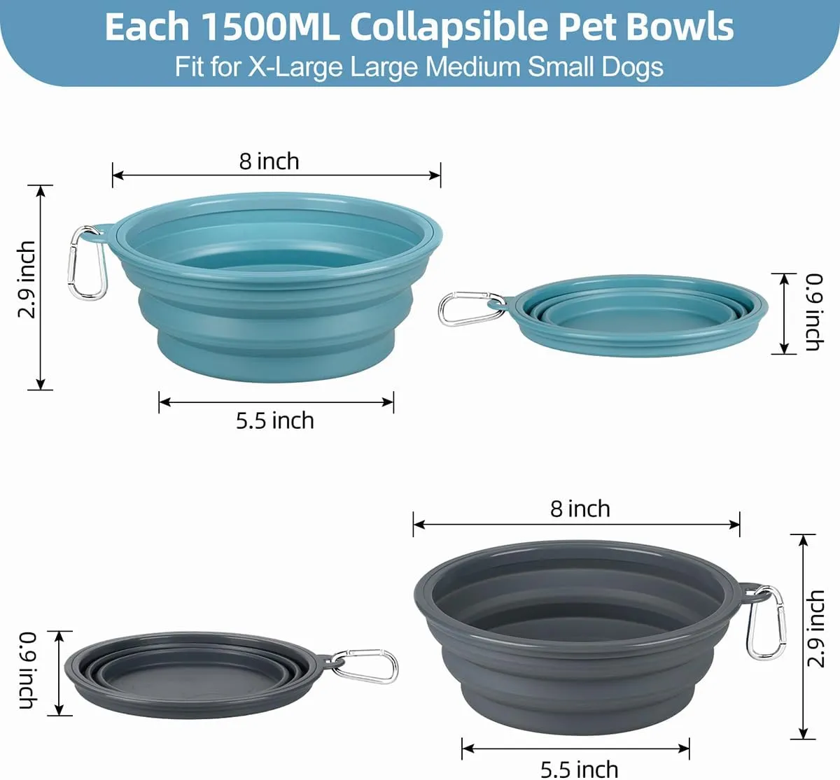 Kytely Collapsible Dog Bowls 2 Pack - 1500ml Portable Pet Food & Water Bowl for Travel, Hiking, Walking - Foldable Feeding Dish with Carabiner Clip for Dogs & Cats - X-Large (Blue & Grey)