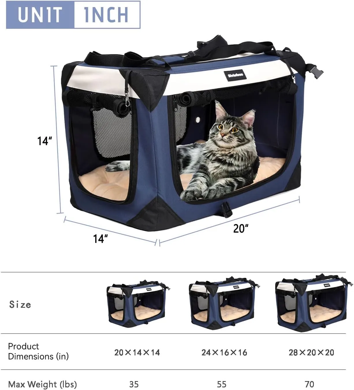 Large Cat Carrier, Collapsible Dog Travel Crate Portable Soft-Sided Pet Carrier with Super Soft Warm Plush Mat for Indoor and Outdoor 20x14x14in,Navy Blue