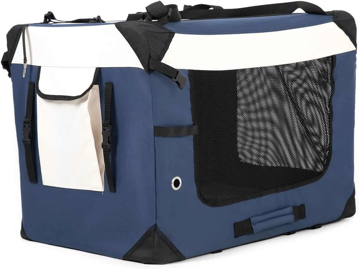 Large Cat Carrier, Collapsible Dog Travel Crate Portable Soft-Sided Pet Carrier with Super Soft Warm Plush Mat for Indoor and Outdoor 20x14x14in,Navy Blue