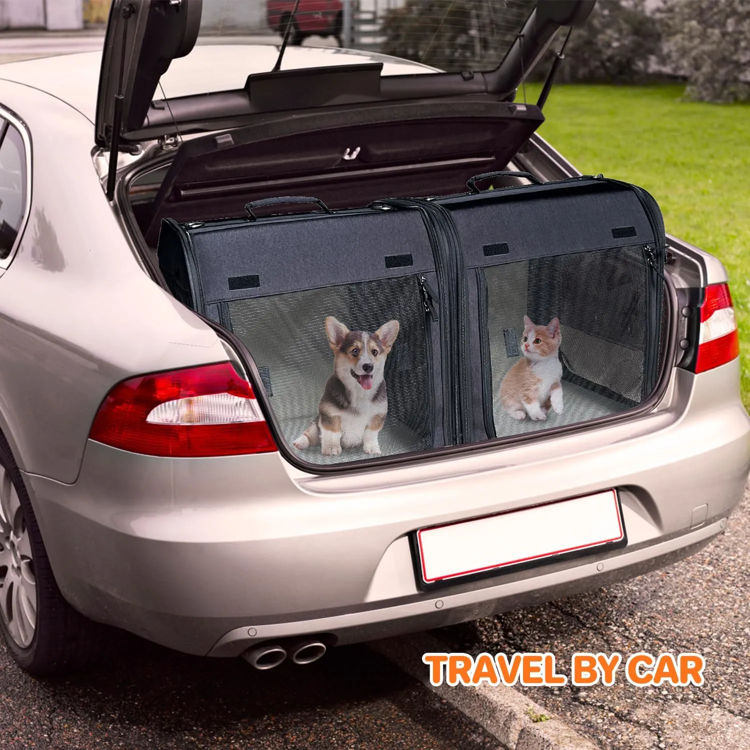 Large Cat Carrier,Cat Travel Carrier with Litter Box,Double Cat Carrier for 2 Cats and Medium Dog,Portable 2-in-1 Dog Compartment Travel Crate House with Foldable Bowl/Mats/Tent Stakes