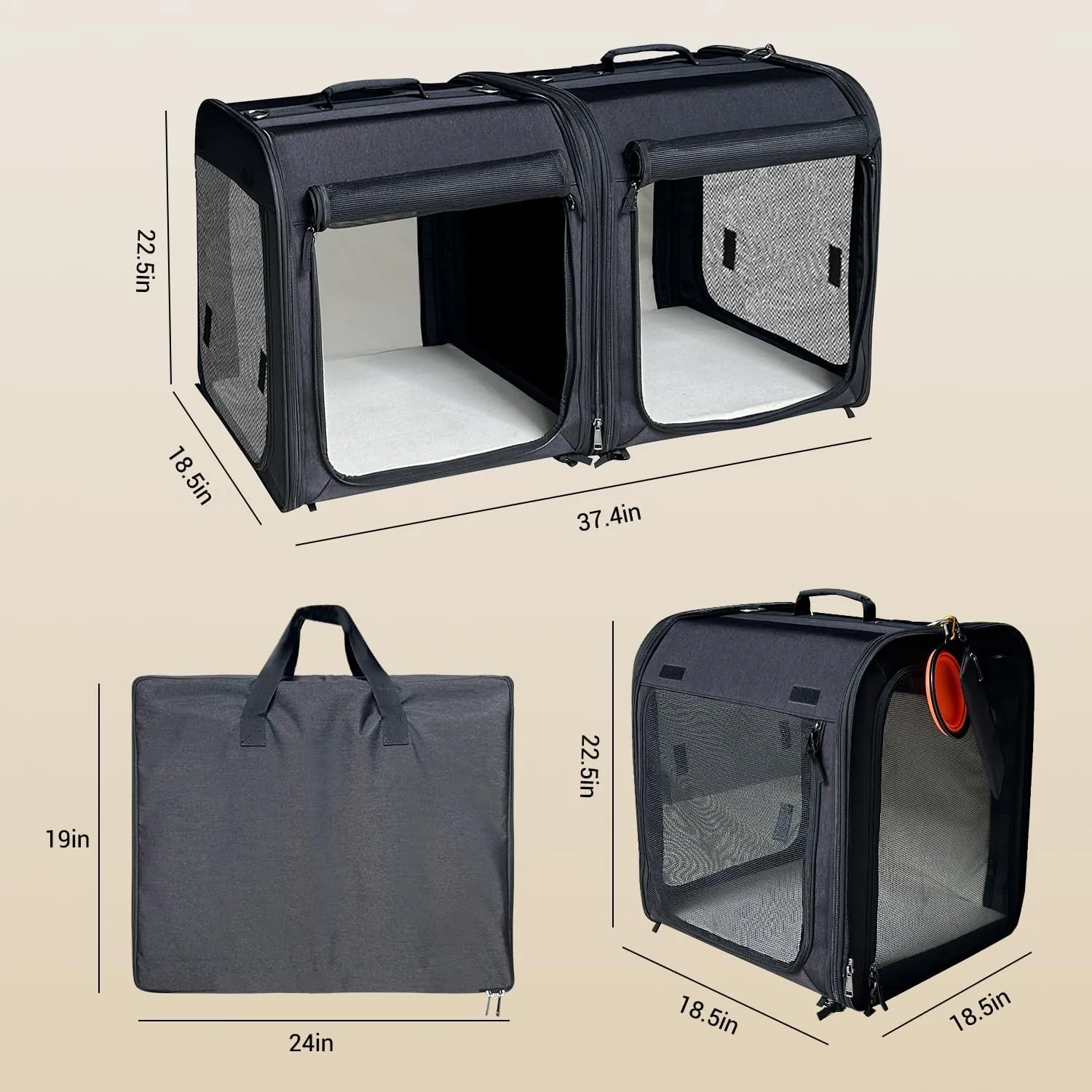 Large Cat Carrier,Cat Travel Carrier with Litter Box,Double Cat Carrier for 2 Cats and Medium Dog,Portable 2-in-1 Dog Compartment Travel Crate House with Foldable Bowl/Mats/Tent Stakes