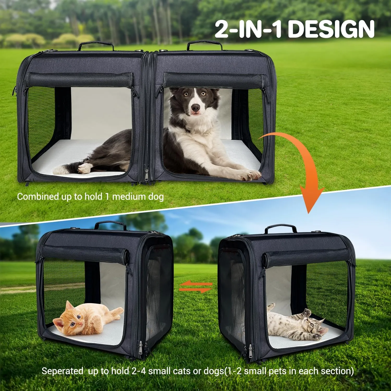 Large Cat Carrier,Cat Travel Carrier with Litter Box,Double Cat Carrier for 2 Cats and Medium Dog,Portable 2-in-1 Dog Compartment Travel Crate House with Foldable Bowl/Mats/Tent Stakes