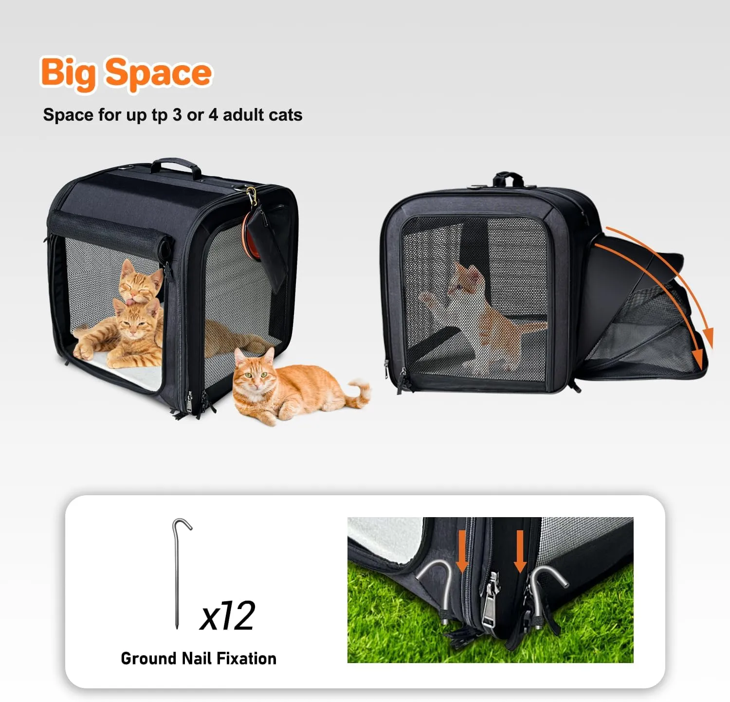 Large Cat Carrier,Cat Travel Carrier with Litter Box,Double Cat Carrier for 2 Cats and Medium Dog,Portable 2-in-1 Dog Compartment Travel Crate House with Foldable Bowl/Mats/Tent Stakes