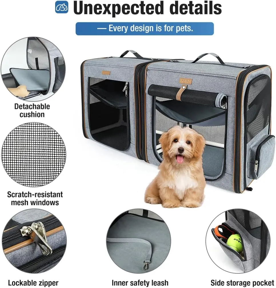 Lekereise 2-in-1 Cat Travel Carrier with Litter Box, (17.7" x2) x16.5"x13" Large Cat Carrier with Zipper Locks for Moving Across The Country - Grey