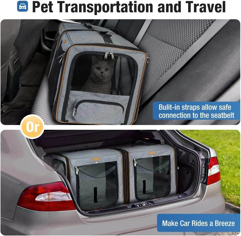 Lekereise 2-in-1 Cat Travel Carrier with Litter Box, (17.7" x2) x16.5"x13" Large Cat Carrier with Zipper Locks for Moving Across The Country - Grey
