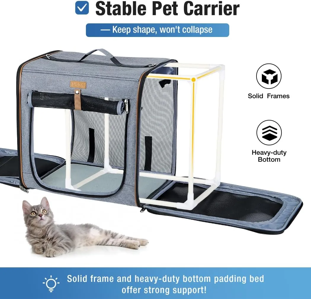Lekereise 2-in-1 Cat Travel Carrier with Litter Box, (17.7" x2) x16.5"x13" Large Cat Carrier with Zipper Locks for Moving Across The Country - Grey