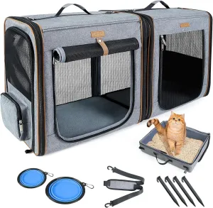 Lekereise 2-in-1 Cat Travel Carrier with Litter Box, (17.7" x2) x16.5"x13" Large Cat Carrier with Zipper Locks for Moving Across The Country - Grey