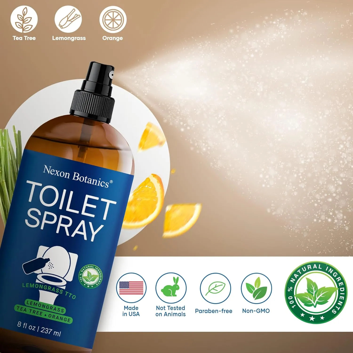 Lemongrass Tea Tree Toilet Spray 8 fl oz - Bathroom Odor Eliminator and Air Freshener Spray with Lemongrass, Tea Tree, and Orange - Travel Size - Nexon Botanics