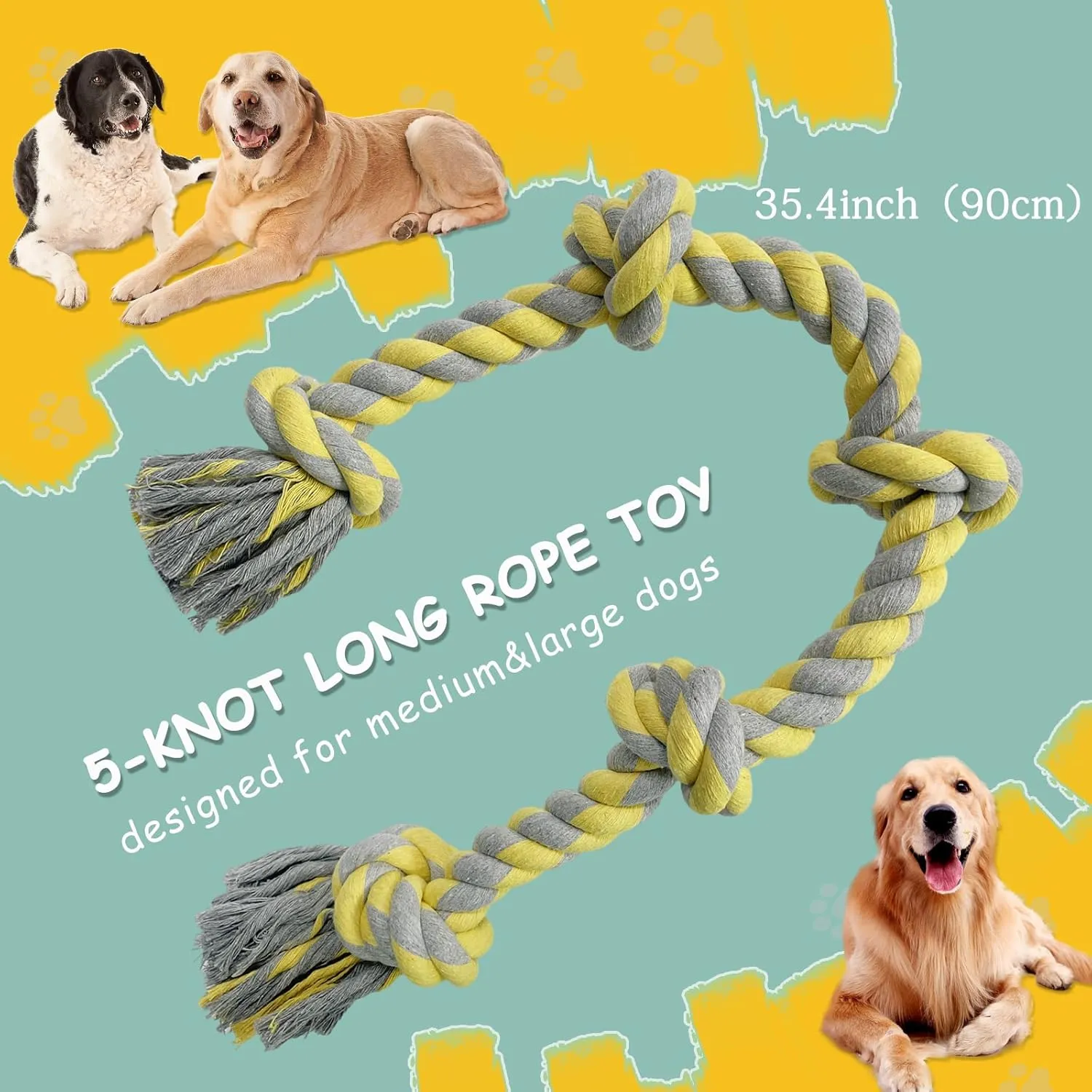 Lmlpt Dog Rope Toy for Large Aggressive Chewers, Heavy Duty Rope Chew Toy Indestructible Tough Tug of War Yellow Pet Toys,3 Feet 5 Knots Interactive Cotton Ropes Toys for Large Breeds Teeth Cleaning