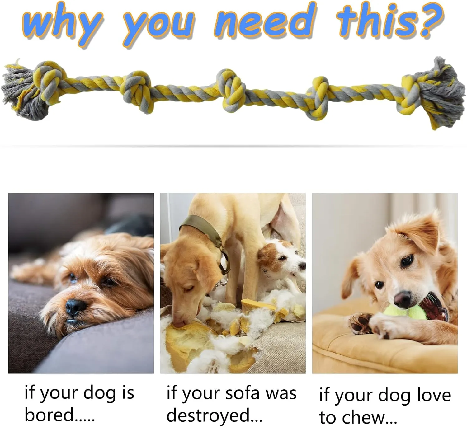 Lmlpt Dog Rope Toy for Large Aggressive Chewers, Heavy Duty Rope Chew Toy Indestructible Tough Tug of War Yellow Pet Toys,3 Feet 5 Knots Interactive Cotton Ropes Toys for Large Breeds Teeth Cleaning