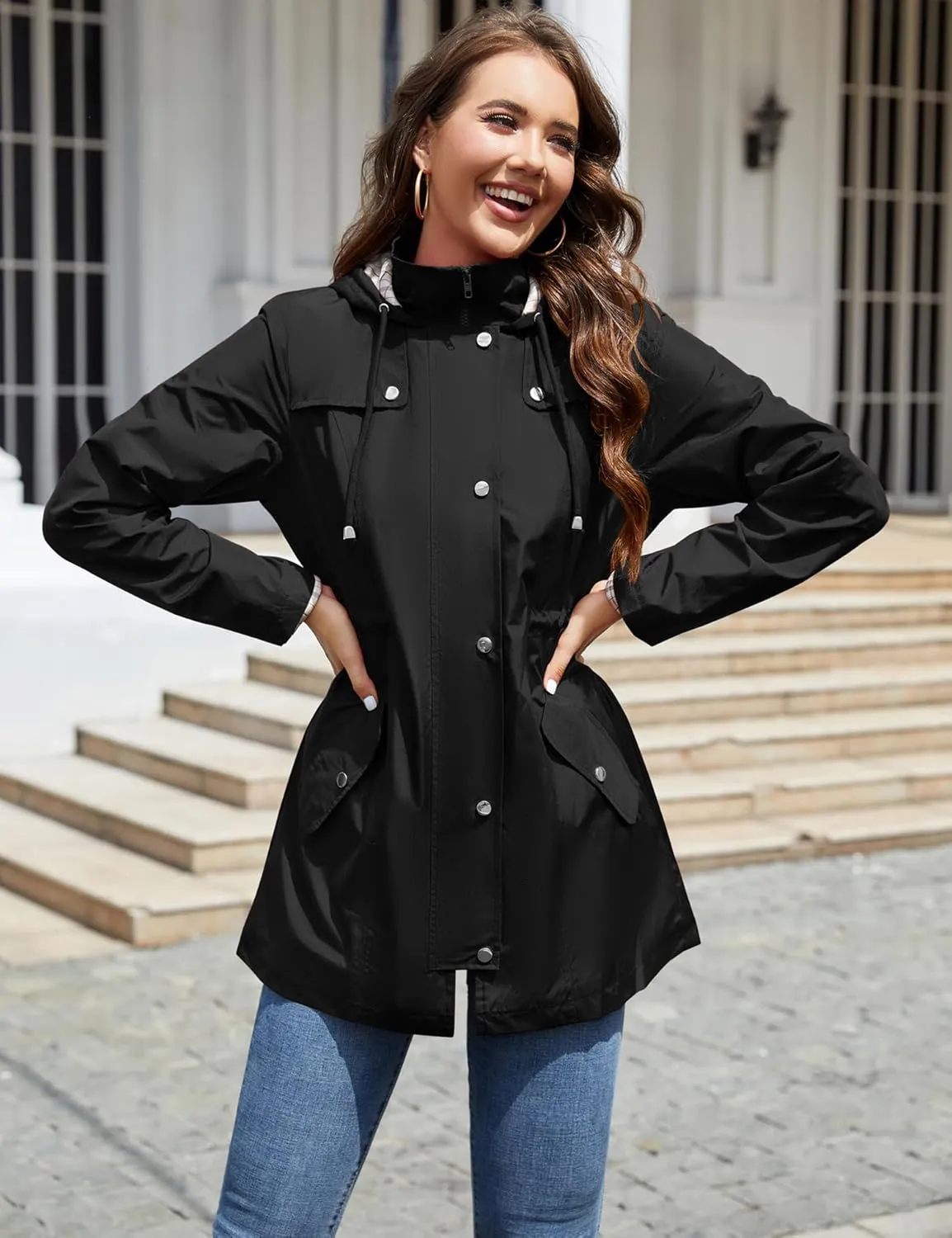 LOMON Women Waterproof Outdoor Hiking Raincoat Women Lined Rain Jacket Lightweight Hooded Jackets Trench Coats