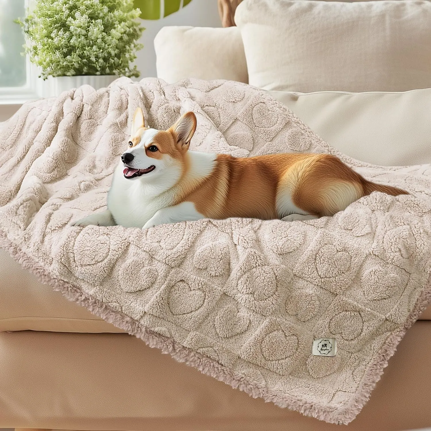 Luciphia Waterproof Blanket for Large Dogs Washable Pet Bed Cover Soft Fluffy Puppy Couch Protector with Premium Fleece Cozy Calming Cat Blankets for Indoor Cats Beige 85x57 inch
