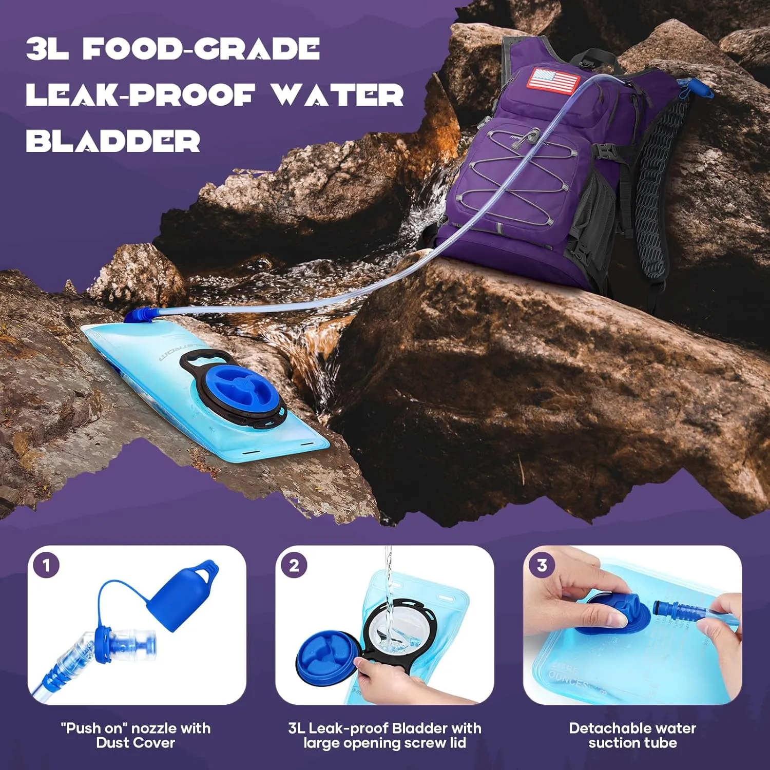 Maelstrom Hydration Backpack, Hiking Backpack with 2L/3L Water Bladder, High Flow Bite Valve Water Backpack Lightweight