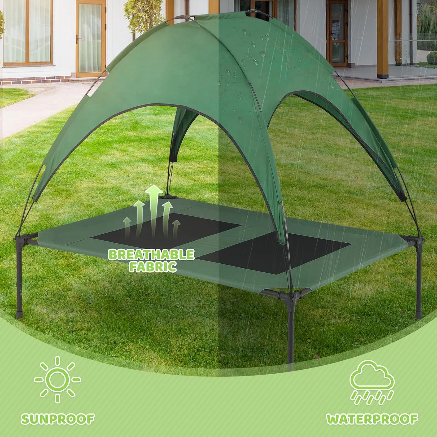 Magshion Outdoor Elevated Dog Bed for Extra Large Dogs and Cats, Cooling Raised Pet Cot with Removable Canopy & Non-Slip Feet, Breathable Mesh Fabric for Summer Outside Trampoline Training Use, Green
