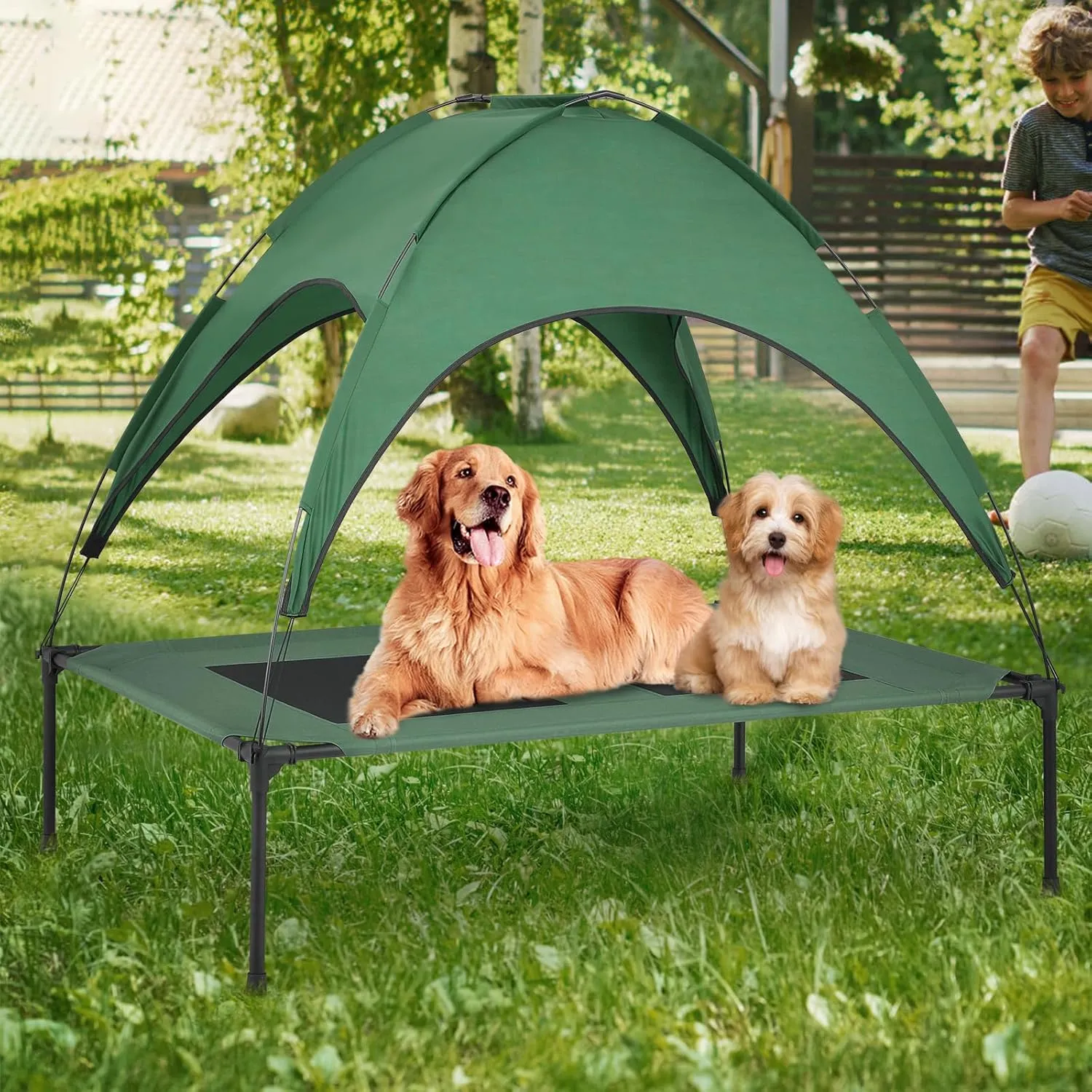 Magshion Outdoor Elevated Dog Bed for Extra Large Dogs and Cats, Cooling Raised Pet Cot with Removable Canopy & Non-Slip Feet, Breathable Mesh Fabric for Summer Outside Trampoline Training Use, Green