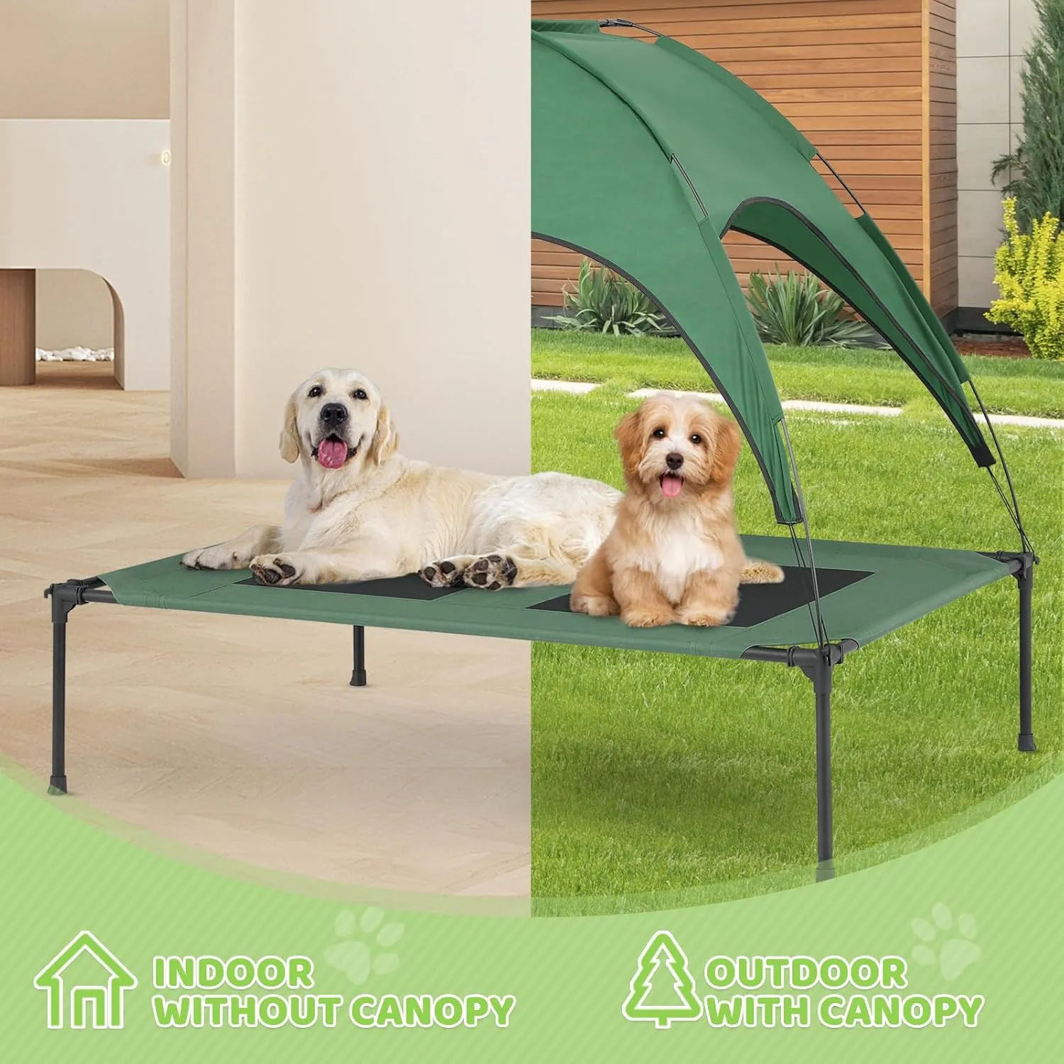 Magshion Outdoor Elevated Dog Bed for Extra Large Dogs and Cats, Cooling Raised Pet Cot with Removable Canopy & Non-Slip Feet, Breathable Mesh Fabric for Summer Outside Trampoline Training Use, Green