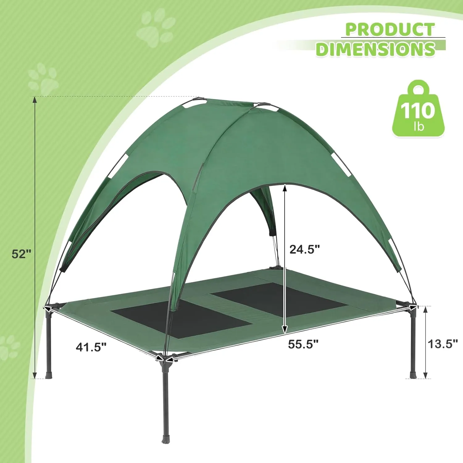 Magshion Outdoor Elevated Dog Bed for Extra Large Dogs and Cats, Cooling Raised Pet Cot with Removable Canopy & Non-Slip Feet, Breathable Mesh Fabric for Summer Outside Trampoline Training Use, Green