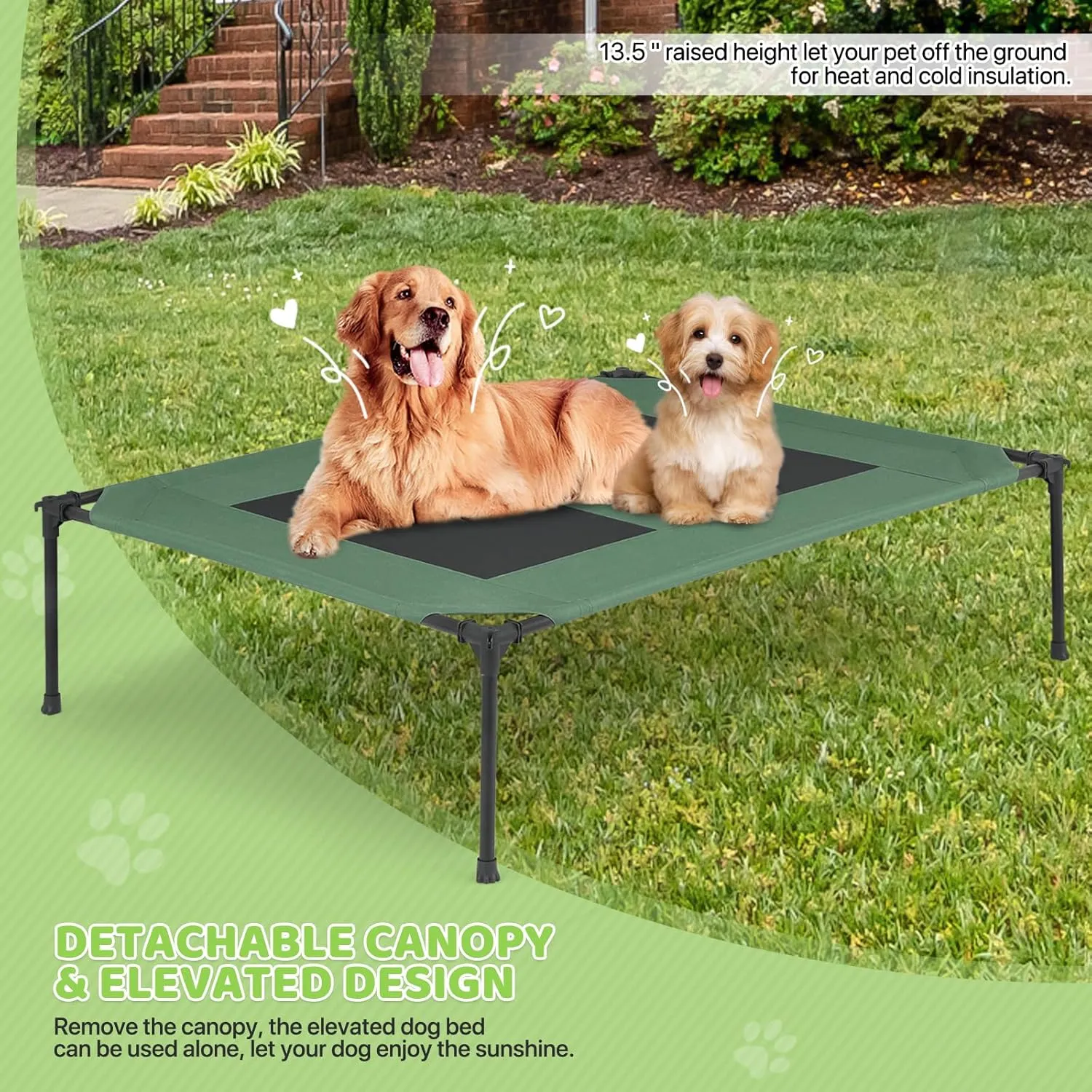 Magshion Outdoor Elevated Dog Bed for Extra Large Dogs and Cats, Cooling Raised Pet Cot with Removable Canopy & Non-Slip Feet, Breathable Mesh Fabric for Summer Outside Trampoline Training Use, Green