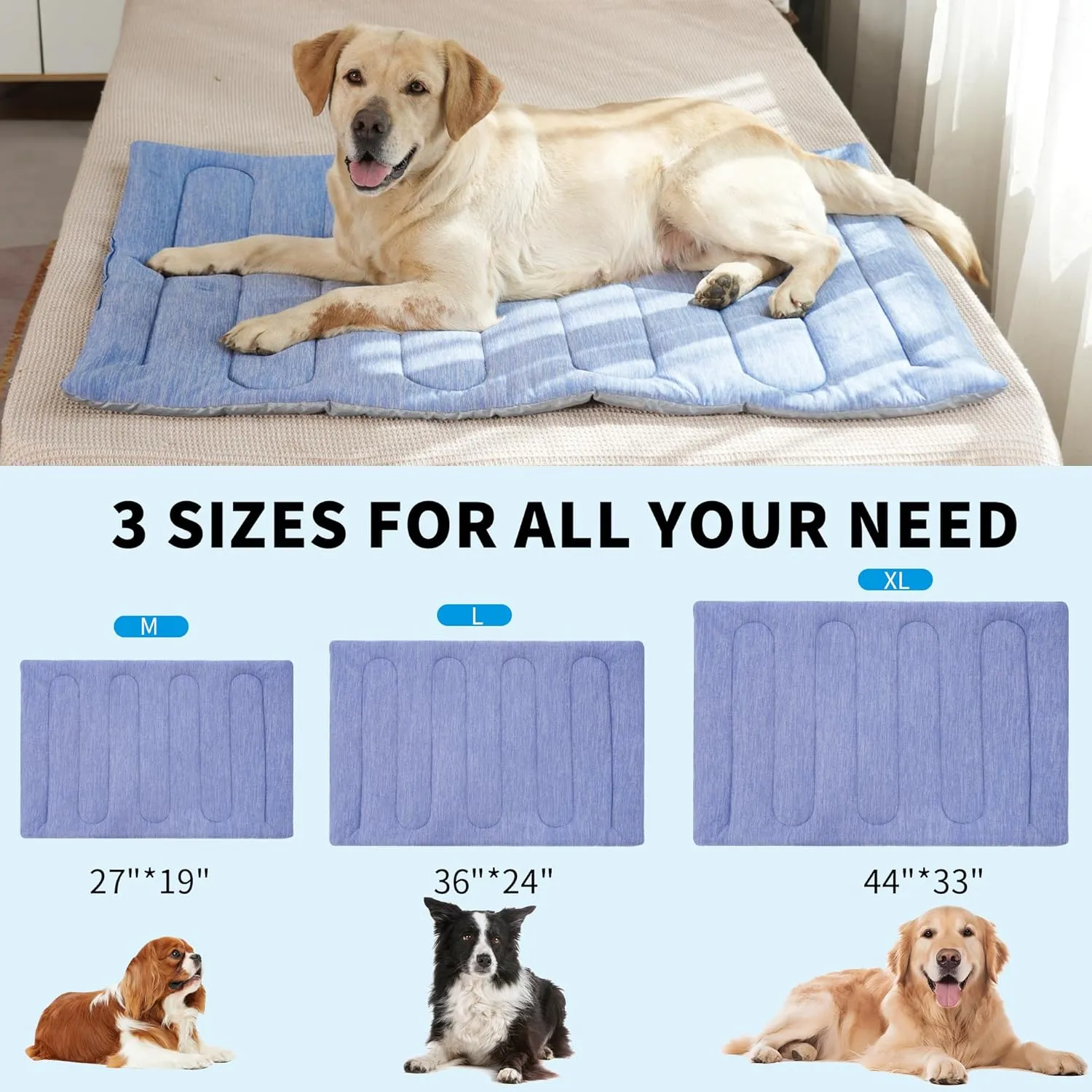 MARUNDA Dog Cooling Mat, 36" x 24" Thicken Waterproof Cooling Mat for Extra Large Dog, Q-MAX>0.5 Ice Cool Fabric-Cool on ContactEasy Washable Pet Pad in Summer (36" x 24" (L-Crate), Blue)