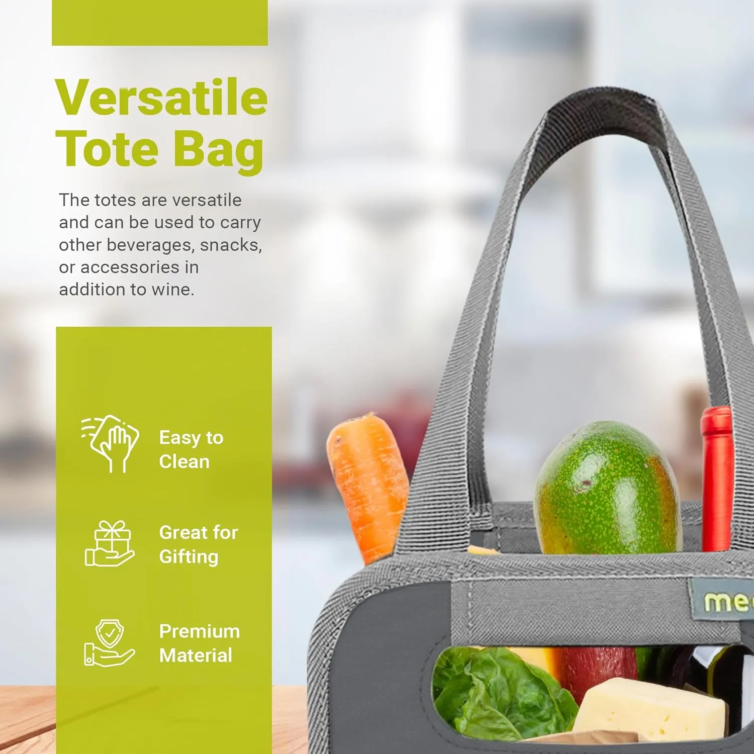 meori Foldable 6 Bottle Wine Tote Liquor Spirits Tastings Grocery Shopping Glass Dividers Travel Hostess Gift, granite grey (A100764)