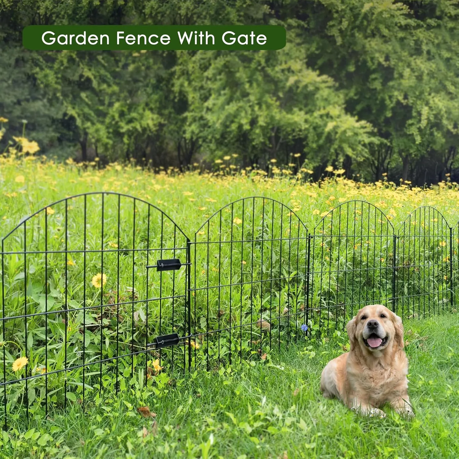 Metal Garden Fence with Gate 28in (H) x 18.7ft (L), 1 Gate   7 Panels Dog Fence Border Fence Animal Barrier, No Dig Garden Fencing for Yard Flower Bed Lawn Patio Outdoor, ECG2829 Black