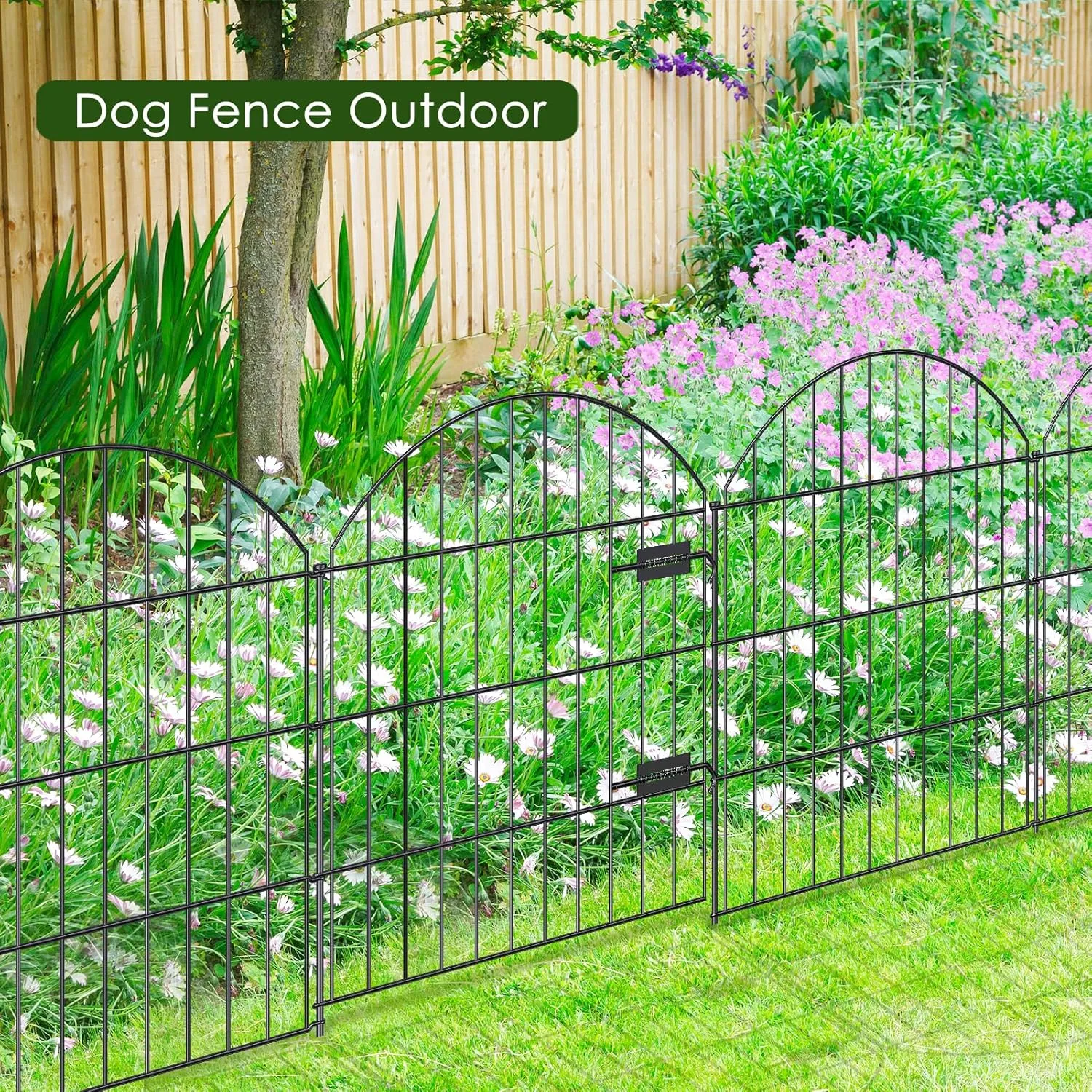 Metal Garden Fence with Gate 28in (H) x 18.7ft (L), 1 Gate   7 Panels Dog Fence Border Fence Animal Barrier, No Dig Garden Fencing for Yard Flower Bed Lawn Patio Outdoor, ECG2829 Black