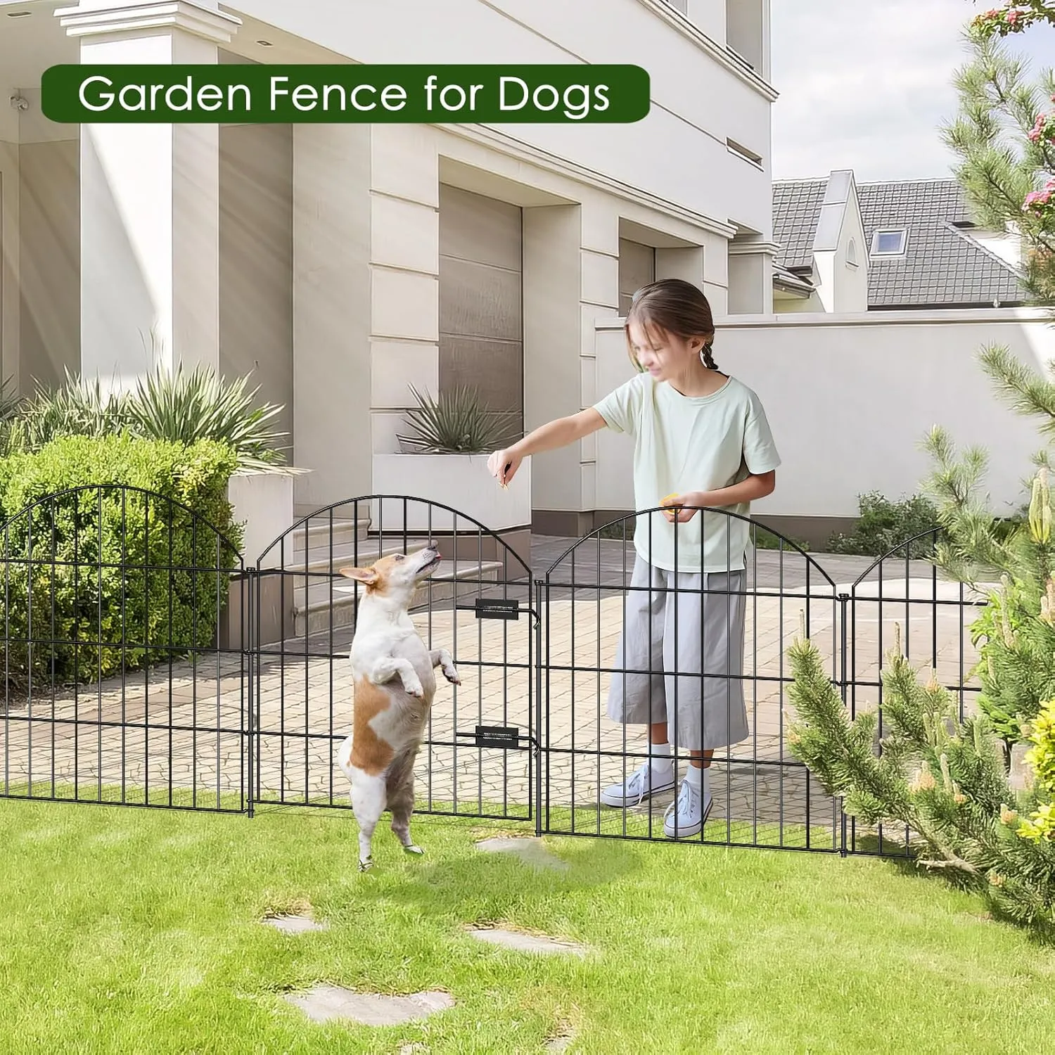 Metal Garden Fence with Gate 28in (H) x 18.7ft (L), 1 Gate   7 Panels Dog Fence Border Fence Animal Barrier, No Dig Garden Fencing for Yard Flower Bed Lawn Patio Outdoor, ECG2829 Black