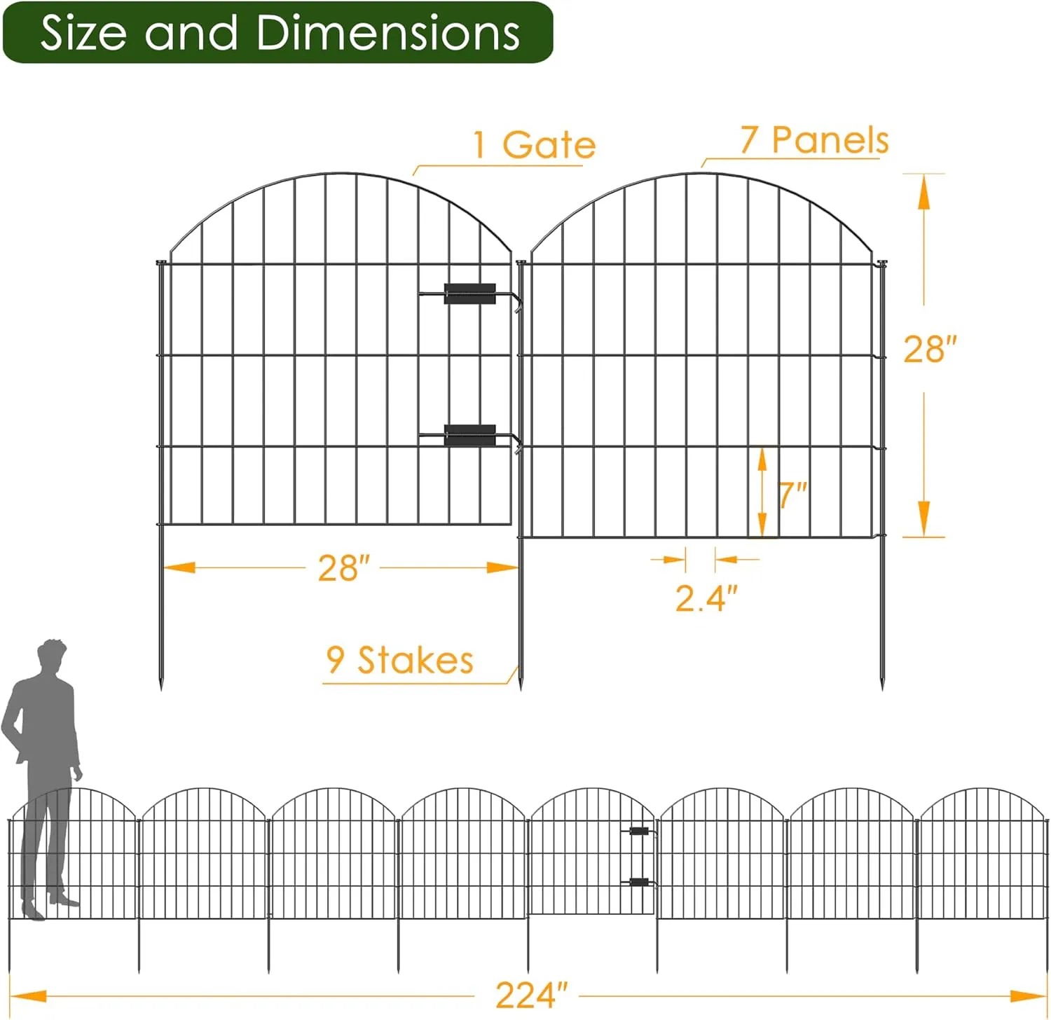 Metal Garden Fence with Gate 28in (H) x 18.7ft (L), 1 Gate   7 Panels Dog Fence Border Fence Animal Barrier, No Dig Garden Fencing for Yard Flower Bed Lawn Patio Outdoor, ECG2829 Black