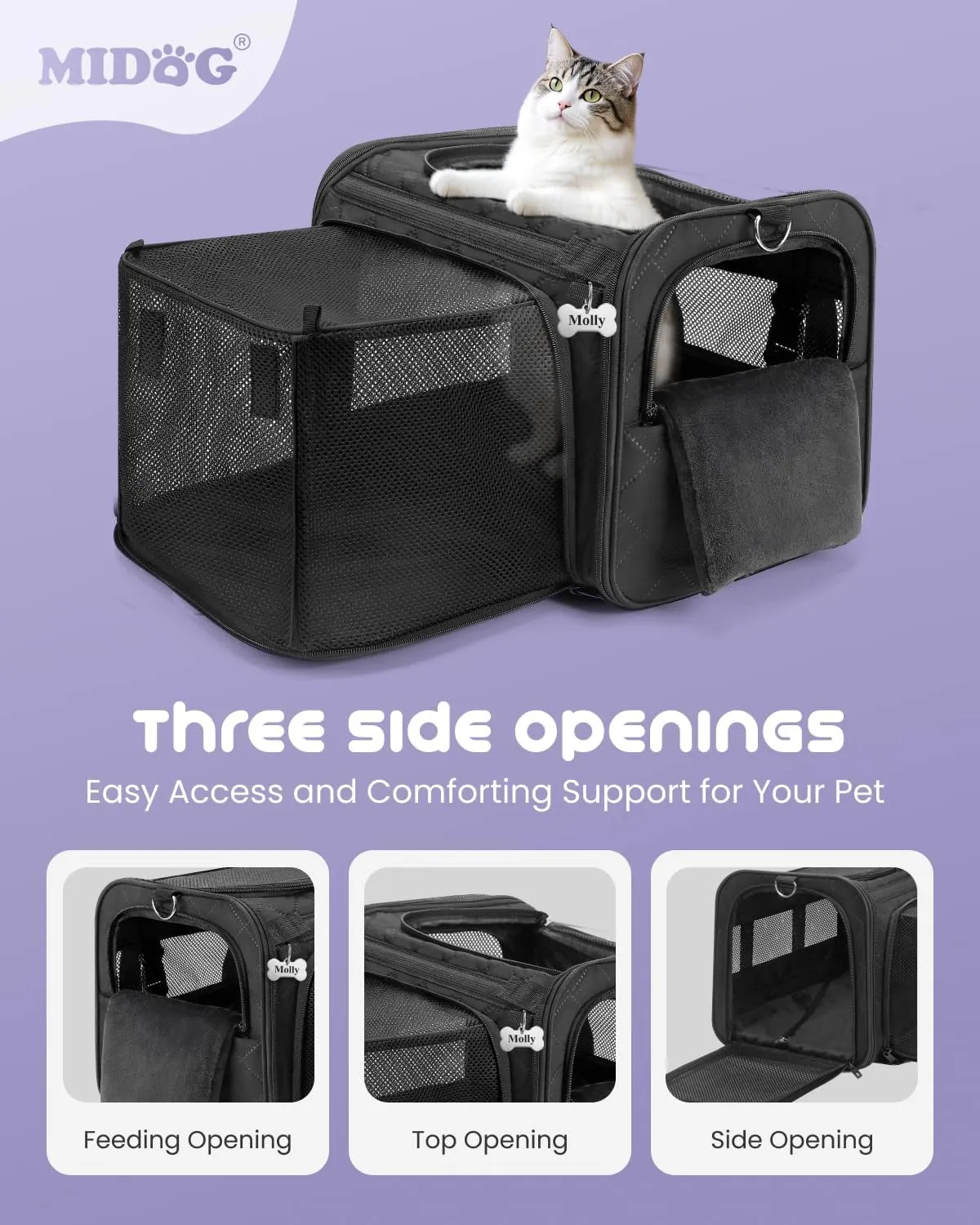 MIDOG Cat Carrier for Small to Medium-Sized Cats,Up to 15 Lbs,TSA Airline Approved Soft Sided Pet Carrier,Collapsible Travel Cat Bag(Black)