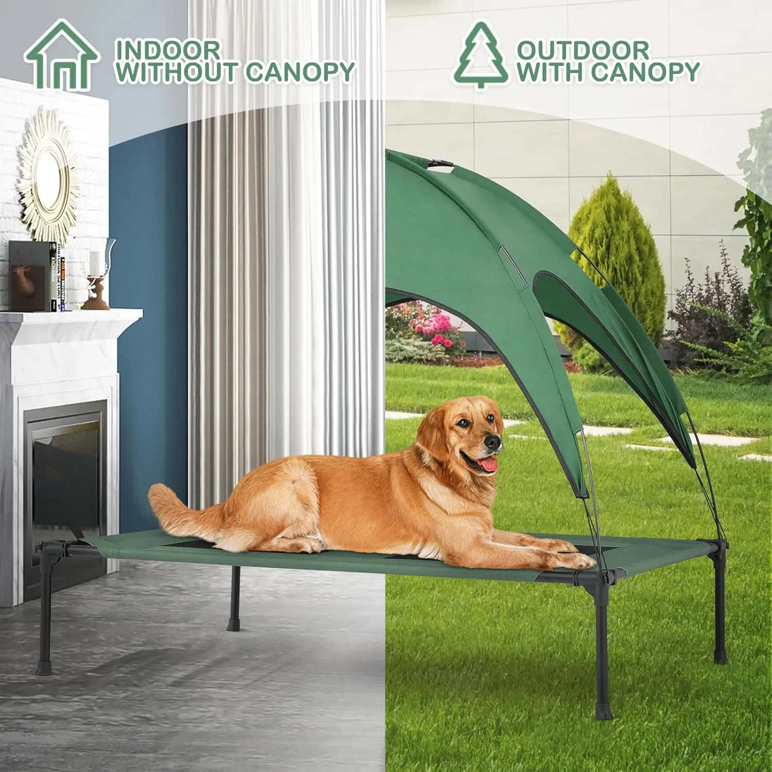 MoNiBloom Large Elevated Dog Bed with Canopy for Large/Medium Dog, 2-in-1 Breathable 420D Oxford Indoor/Outdoor Dog Bed Support Up to 80 lbs, Waterproof Portable Cat Dog Camping Beach, Foliage Green