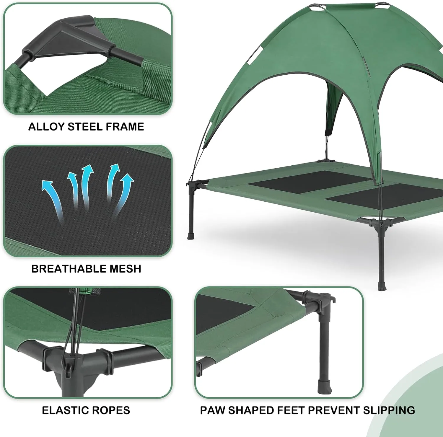 MoNiBloom Large Elevated Dog Bed with Canopy for Large/Medium Dog, 2-in-1 Breathable 420D Oxford Indoor/Outdoor Dog Bed Support Up to 80 lbs, Waterproof Portable Cat Dog Camping Beach, Foliage Green