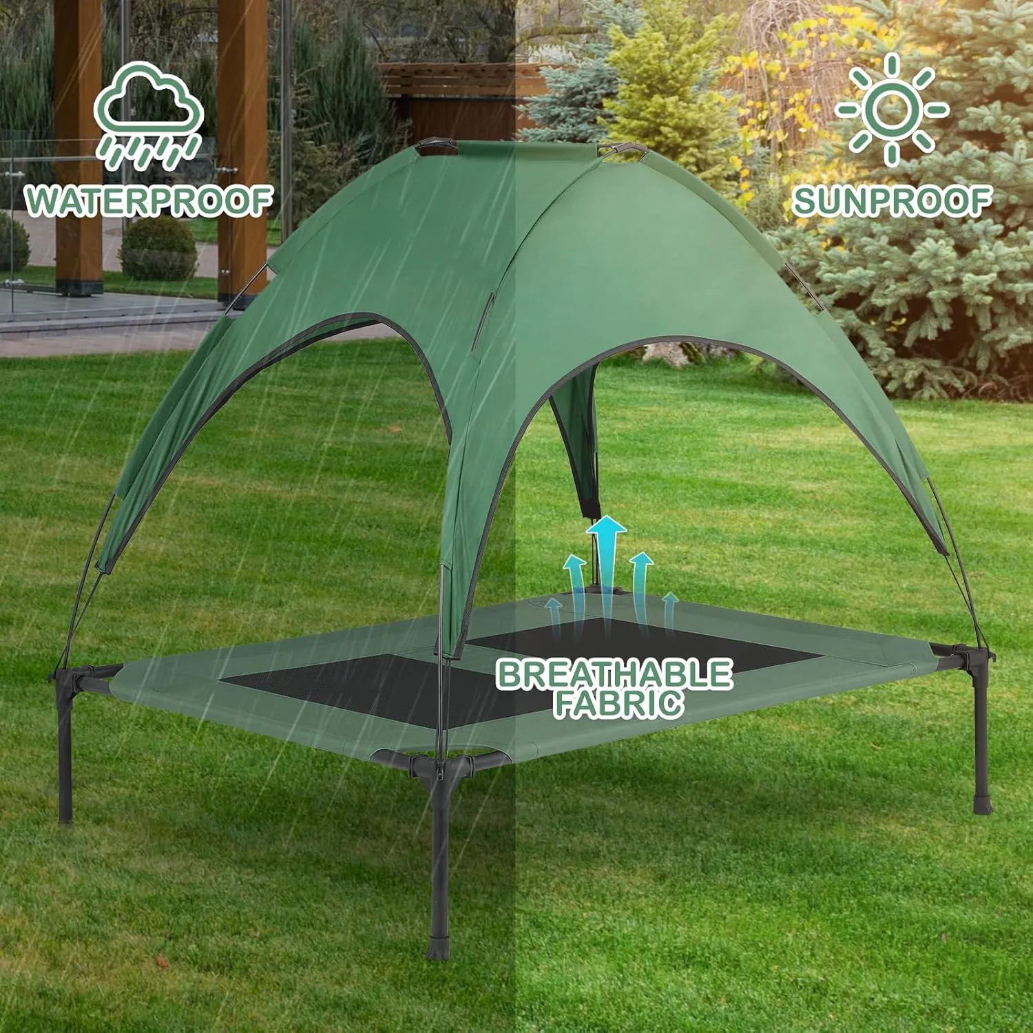 MoNiBloom Large Elevated Dog Bed with Canopy for Large/Medium Dog, 2-in-1 Breathable 420D Oxford Indoor/Outdoor Dog Bed Support Up to 80 lbs, Waterproof Portable Cat Dog Camping Beach, Foliage Green