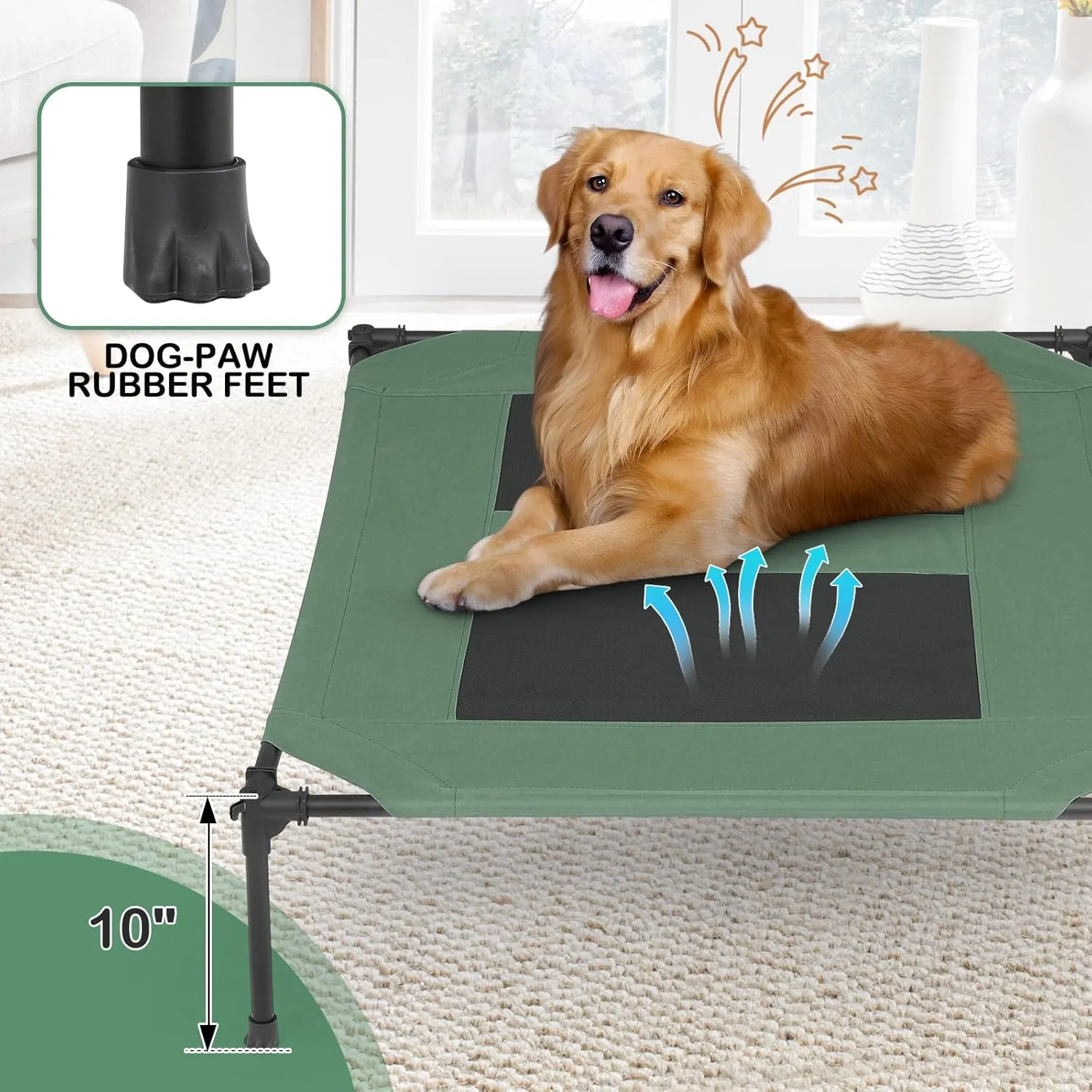 MoNiBloom Large Elevated Dog Bed with Canopy for Large/Medium Dog, 2-in-1 Breathable 420D Oxford Indoor/Outdoor Dog Bed Support Up to 80 lbs, Waterproof Portable Cat Dog Camping Beach, Foliage Green